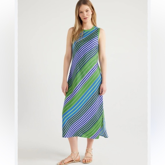 Scoop NYC Dresses & Skirts - Striped Green and Blue Satin Midi Dress size S